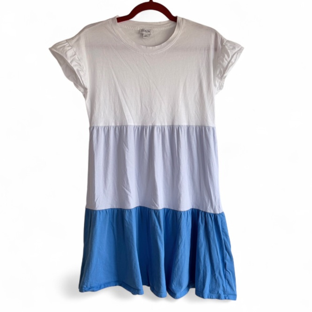J. Crew Blue Cotton Colorblock Tiered Ruffle Tee Shirt Babydoll Dress Size XXS